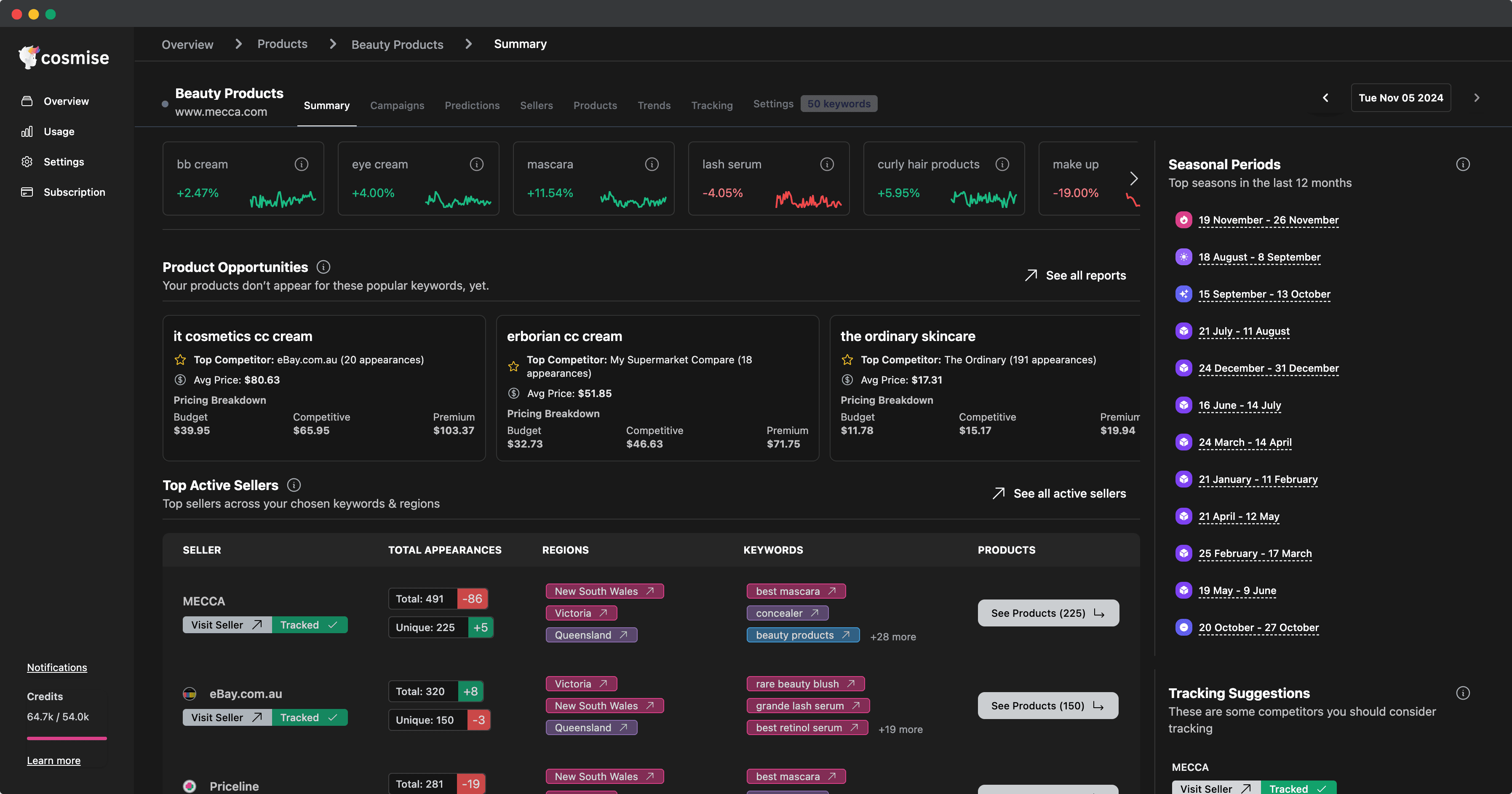 Product Market screenshot inside Cosmise Dashboard