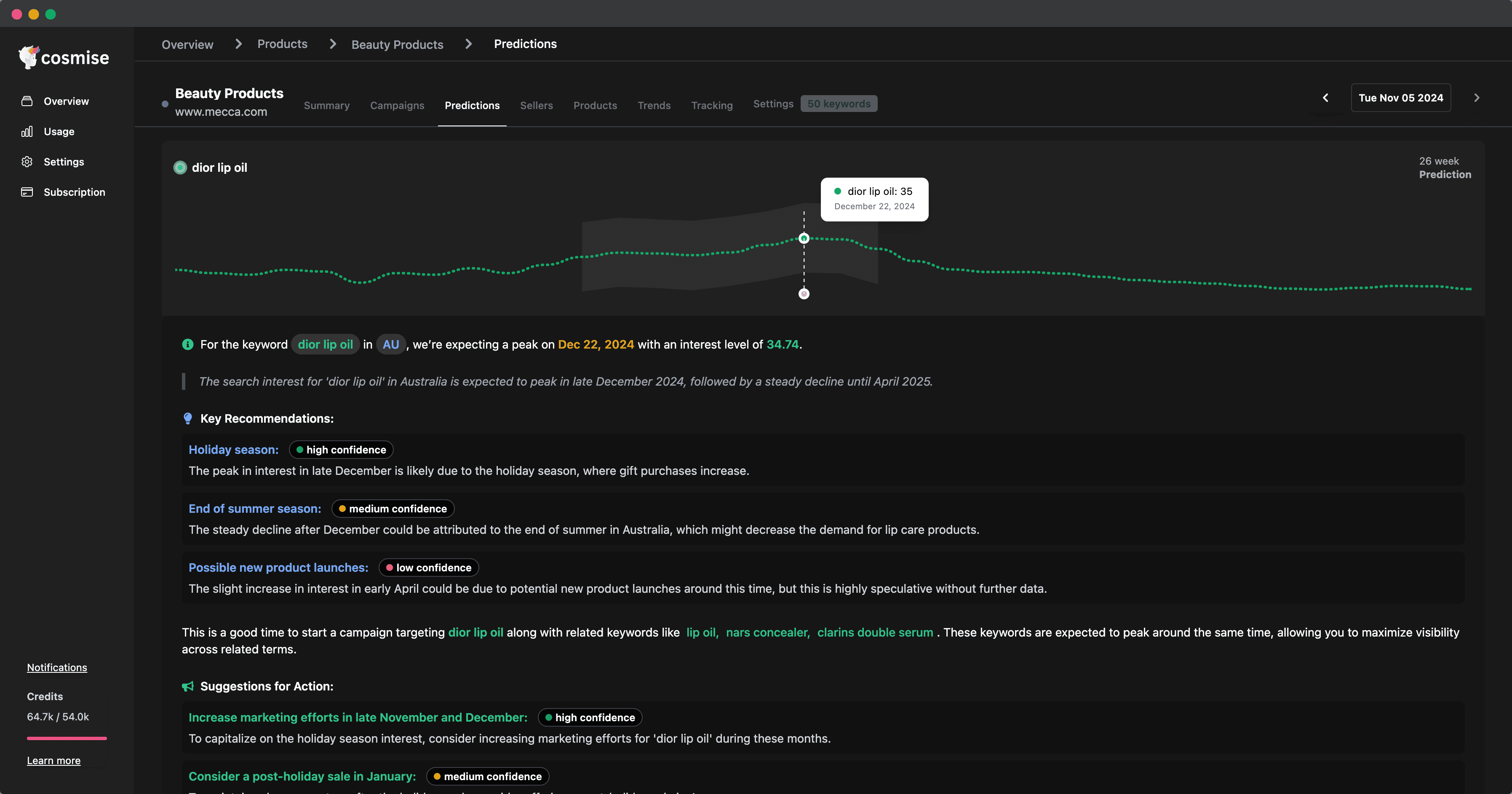 Trend Predictions screenshot inside Cosmise Dashboard